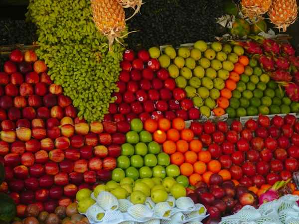 Bunter Obststand mit Äpfeln, Trauben und Zitrusfrüchten